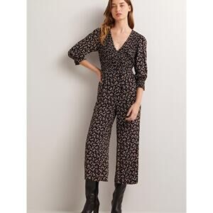 Boden Smocked V-Neck 3/4 Sleeve Crop Straight Leg Floral Jumpsuit Black Size 8